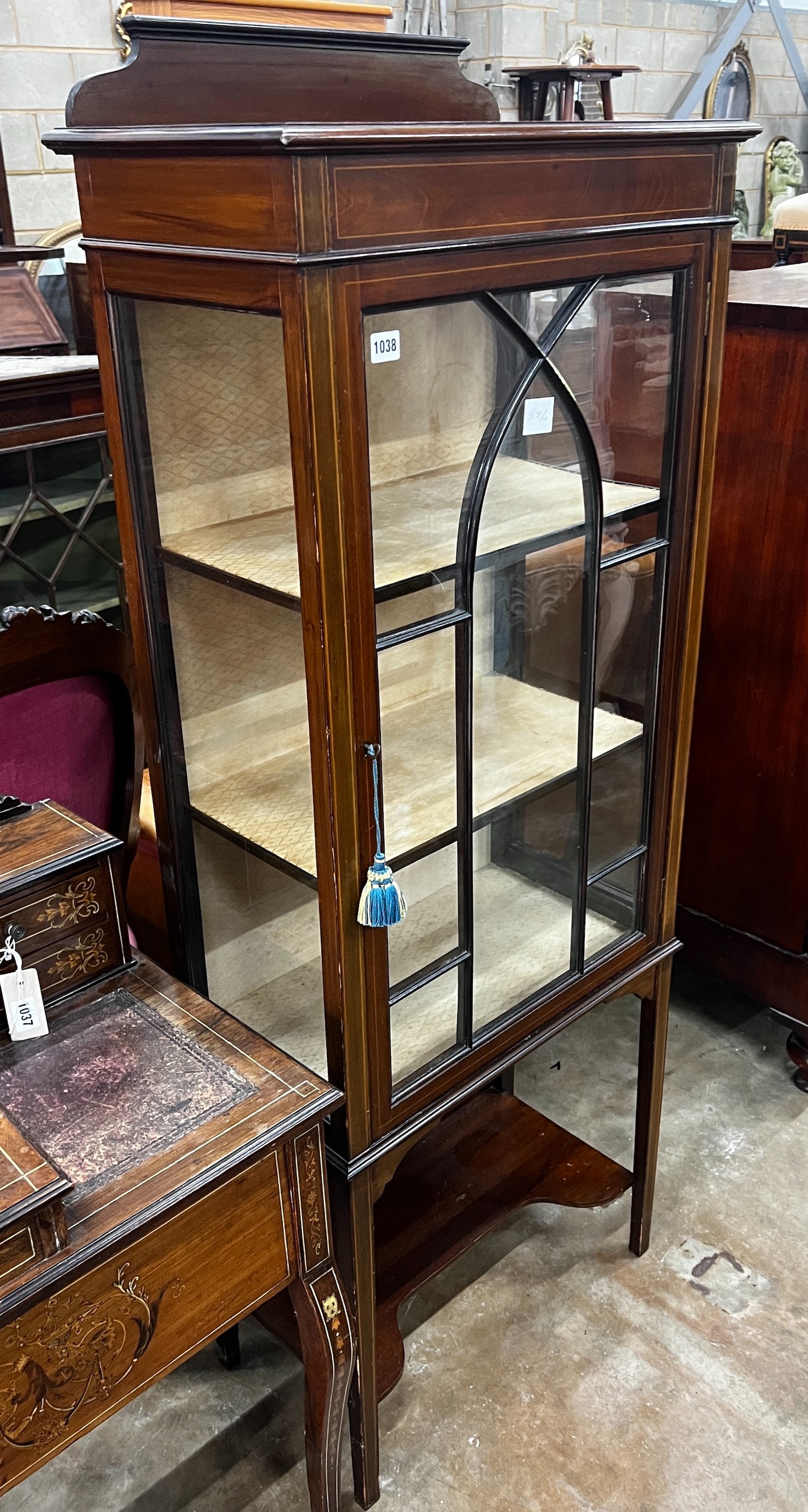 A small Edwardian mahogany display cabinet, width 61cm, depth 33cm, height 160cm